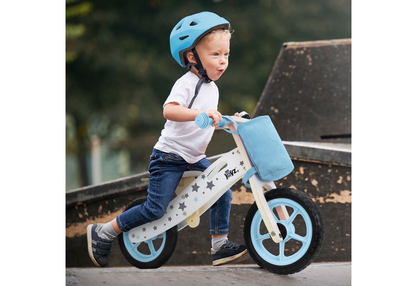 Joyz Laufrad Holzlaufrad mit verstellbarer Sitz und Stoffbeutel Klingel & Tragegrif 11 Zoll, Kinderfahrrad Blau für Kinder ab 2 bis 5 Jahren Lauflernrad 85x35x54cm von Joyz