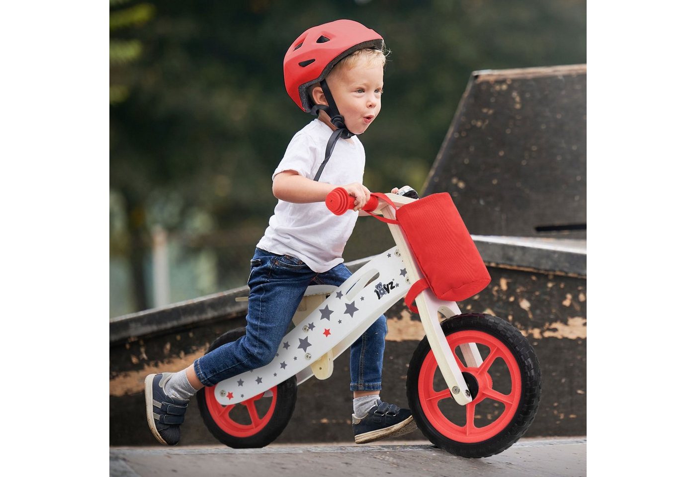 Joyz Laufrad Holzlaufrad mit verstellbarer Sitz und Stoffbeutel Klingel & Tragegrif 11 Zoll, Kinderfahrrad Rot für Kinder ab 2 bis 5 Jahren Lauflernrad 85x35x54cm von Joyz