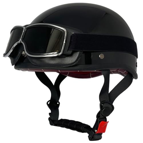 Vintage Motorrad Leder Halbhelm DOTECE Zugelassen Retro Deutscher Motorrad Jethelm mit Schutzbrille Roller-Halbschalenhelm Für Erwachsene Männer Frauen Scooter Moped Helm 10,XXL=63~64CM von JunPing