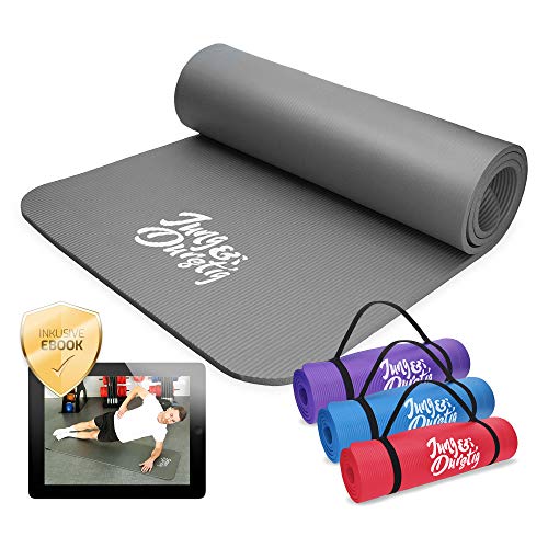 Jung & Durstig Original Yogamatte mit Tragegurt | Gymnastikmatte inklusive Übungen | Sportmatte mit Ebook Workout | Fitnessmatte rutschfest | 180 x 60 x 1 cm | Grau von Jung & Durstig