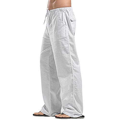 Herren Leinenhose Lang Leicht Loose Fit Freizeithose Sommerhose Mit Kordelzug Seitetasche Strandhose aus Baumwollmischung Sommerhose Freizeithose für Männer Einfarbig (4XL,Weiß) von Jungerhouse