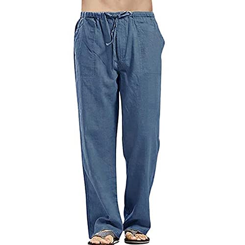 Herren Leinenhose Lang Leicht Loose Fit Freizeithose Sommerhose Mit Kordelzug Seitetasche Strandhose aus Baumwollmischung Sommerhose Freizeithose für Männer Einfarbig (5XL,Blau) von Jungerhouse