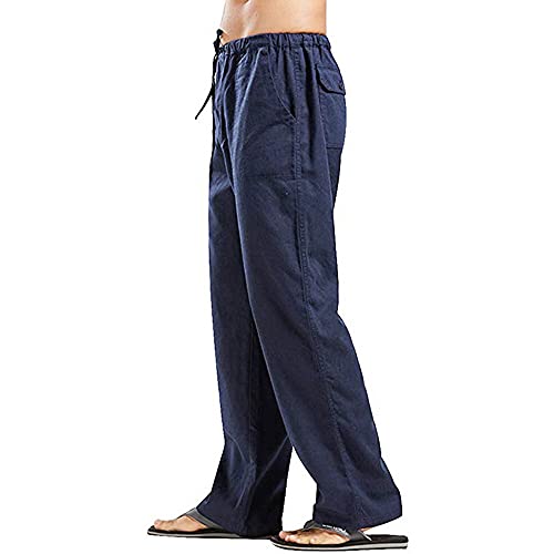 Herren Leinenhose Lang Leicht Loose Fit Freizeithose Sommerhose Mit Kordelzug Seitetasche Strandhose aus Baumwollmischung Sommerhose Freizeithose für Männer Einfarbig (5XL,Marineblau) von Jungerhouse