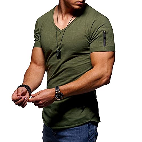 Jungerhouse Herren Sommer T-Shirt Basic V-Ausschnitt Kurzarm Casual Einfarbig Tops Slim Fit (L,Armeegrün) von Jungerhouse