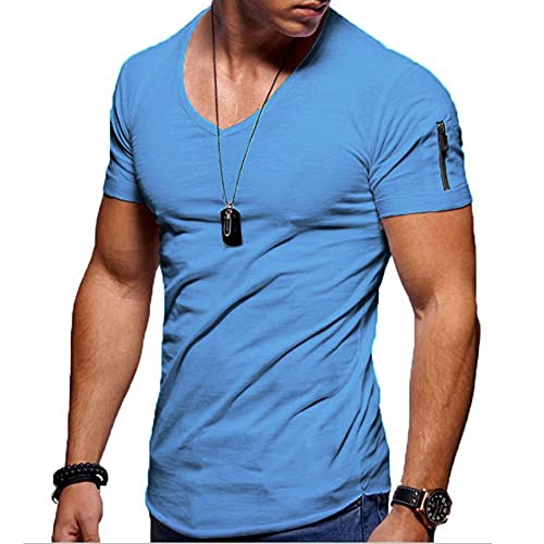 Jungerhouse Herren Sommer T-Shirt Basic V-Ausschnitt Kurzarm Casual Einfarbig Tops Slim Fit (L,Blau) von Jungerhouse