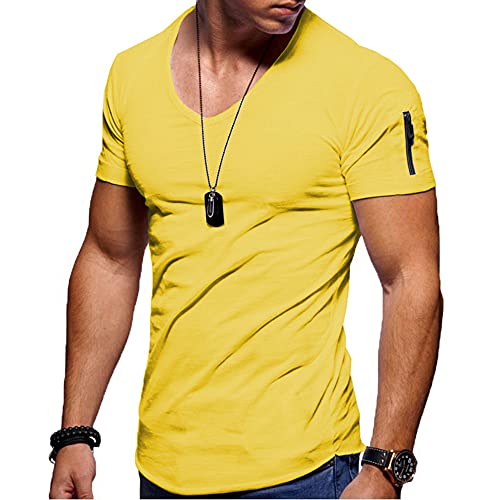 Jungerhouse Herren Sommer T-Shirt Basic V-Ausschnitt Kurzarm Casual Einfarbig Tops Slim Fit (L,Gelb) von Jungerhouse