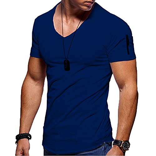 Jungerhouse Herren Sommer T-Shirt Basic V-Ausschnitt Kurzarm Casual Einfarbig Tops Slim Fit (L,Tiefes Blau) von Jungerhouse