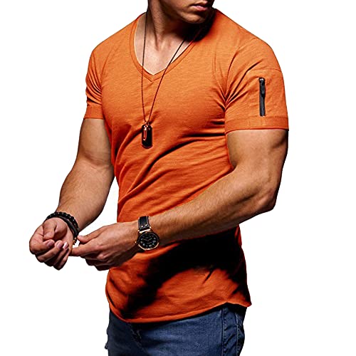 Jungerhouse Herren Sommer T-Shirt Basic V-Ausschnitt Kurzarm Casual Einfarbig Tops Slim Fit (M,Orange) von Jungerhouse