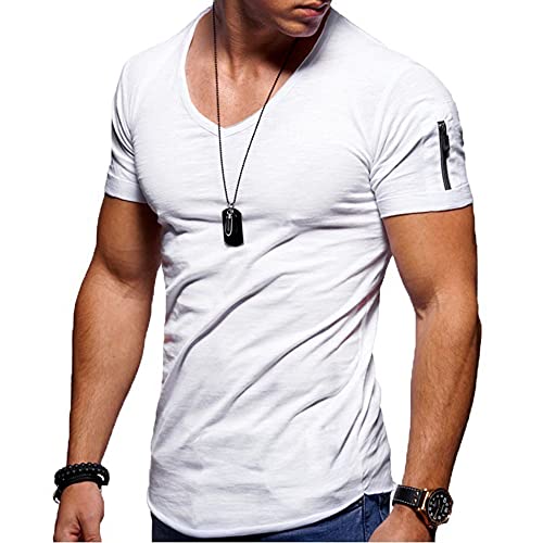 Jungerhouse Herren Sommer T-Shirt Basic V-Ausschnitt Kurzarm Casual Einfarbig Tops Slim Fit (M,Weiß) von Jungerhouse