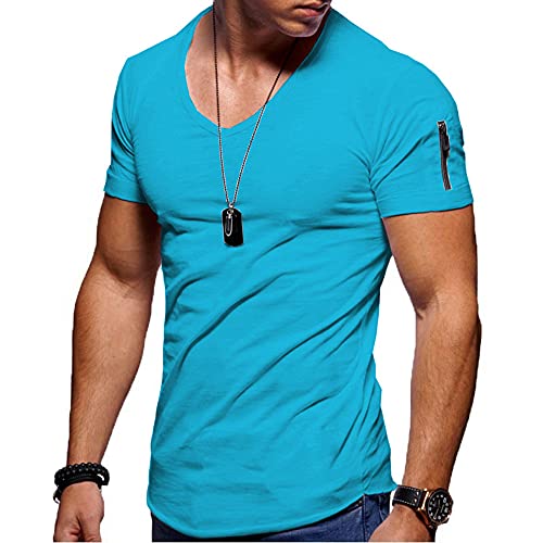 Jungerhouse Herren Sommer T-Shirt Basic V-Ausschnitt Kurzarm Casual Einfarbig Tops Slim Fit (XL,Himmelblau) von Jungerhouse