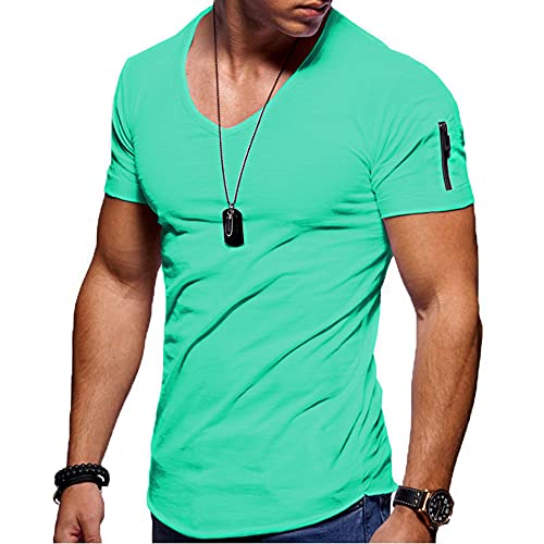 Jungerhouse Herren Sommer T-Shirt Basic V-Ausschnitt Kurzarm Casual Einfarbig Tops Slim Fit (XXXL,Grün) von Jungerhouse