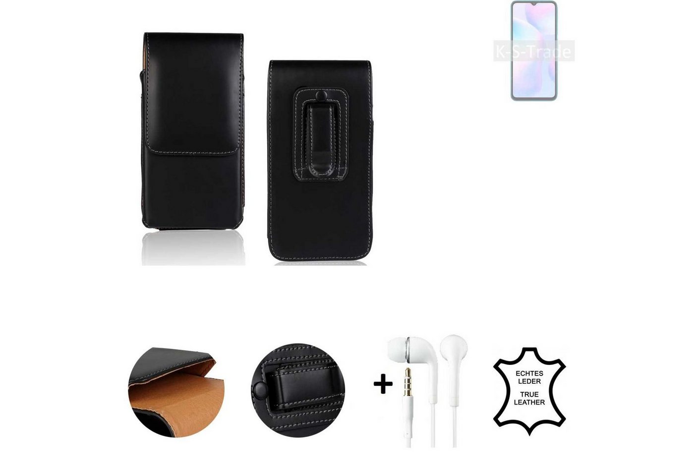 K-S-Trade Handyhülle für Xiaomi Redmi 9i Sport, Leder Gürteltasche + Kopfhörer Seitentasche Belt pouch Holster von K-S-Trade