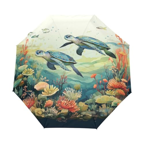 Aquarellkunst-Schildkrötenschwimmen Regenschirm Automatik Auf-Zu Taschenschirm Umbrella Kompakt Schirme für Jungen Mädchen Strand Frauen von KAAVIYO