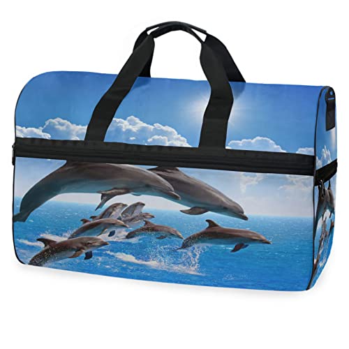 Blaue Sonne Delfin Sonnenwasser Sporttasche Badetasche mit Schuhfach Reisetaschen Handtasche für Reisen Frauen Mädchen Männer von KAAVIYO