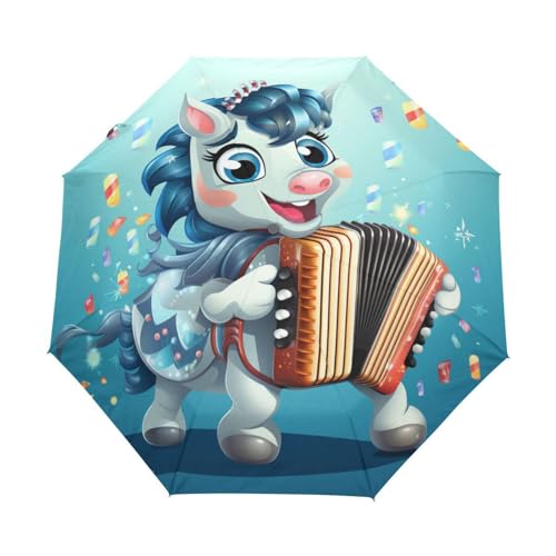 Blauer Süßer Einhorn-Cartoon Regenschirm Automatik Auf-Zu Taschenschirm Umbrella Kompakt Schirme für Jungen Mädchen Strand Frauen von KAAVIYO