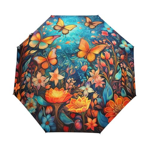 Blumen Schmetterlinge Wald Regenschirm Automatik Auf-Zu Taschenschirm Umbrella Kompakt Schirme für Jungen Mädchen Strand Frauen von KAAVIYO