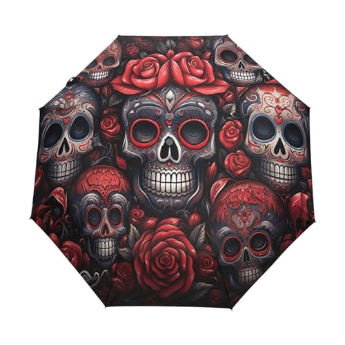 Blumenmuster Rote Totenköpfe Regenschirm Automatik Auf-Zu Taschenschirm Umbrella Kompakt Schirme für Jungen Mädchen Strand Frauen von KAAVIYO