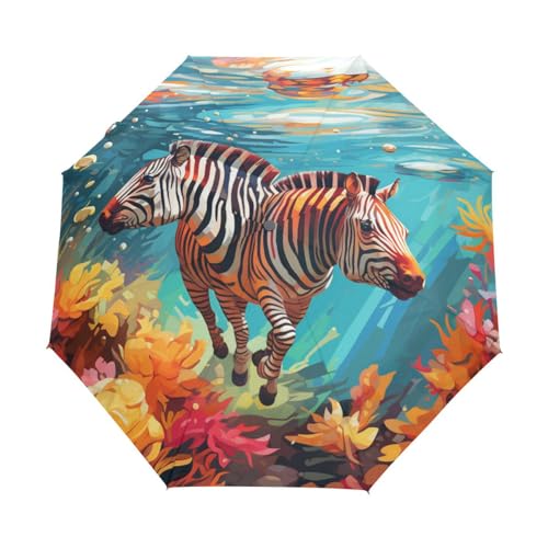 Bunte Zebras Schwimmen Kunst Regenschirm Automatik Auf-Zu Taschenschirm Umbrella Kompakt Schirme für Jungen Mädchen Strand Frauen von KAAVIYO