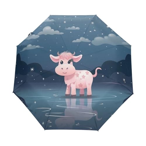 Einfache Kunst Rosa Kuh Regenschirm Automatik Auf-Zu Taschenschirm Umbrella Kompakt Schirme für Jungen Mädchen Strand Frauen von KAAVIYO