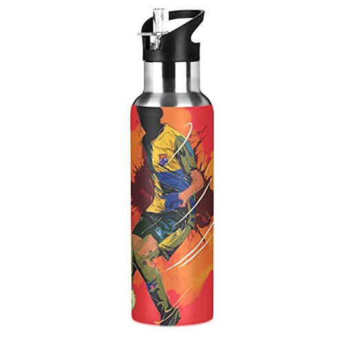 KAAVIYO Aquarell Fußball Fußball Trinkflasche Wasserflasche mit Strohhalm 600ML Edelstahl Auslaufsicher Wasserkanne Water Bottle von KAAVIYO