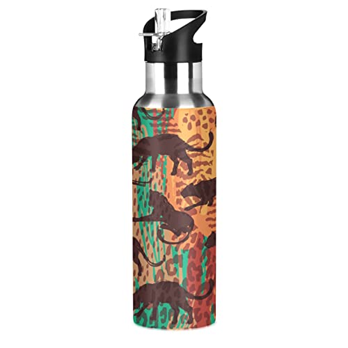 KAAVIYO Exotischer Leopardenmuster Schwarzer Panther Trinkflasche Wasserflasche mit Strohhalm 600ML Edelstahl Auslaufsicher Wasserkanne Water Bottle von KAAVIYO