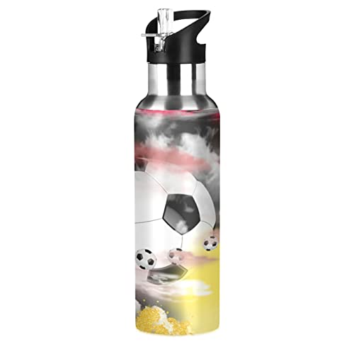 KAAVIYO Fußball Fußball Trinkflasche Wasserflasche mit Strohhalm 600ML Edelstahl Auslaufsicher Wasserkanne Water Bottle von KAAVIYO
