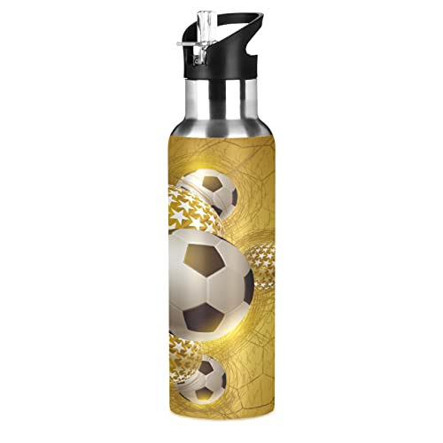 KAAVIYO Goldener Fußball Trinkflasche Wasserflasche mit Strohhalm 600ML Edelstahl Auslaufsicher Wasserkanne Water Bottle von KAAVIYO