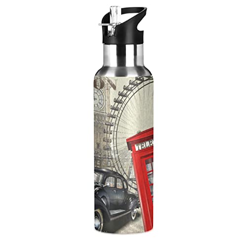 KAAVIYO Londoner Autouhr Trinkflasche Wasserflasche mit Strohhalm 600ML Edelstahl Auslaufsicher Wasserkanne Water Bottle von KAAVIYO