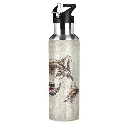 KAAVIYO Marmorierte Wölfe Trinkflasche Wasserflasche mit Strohhalm 600ML Edelstahl Auslaufsicher Wasserkanne Water Bottle von KAAVIYO