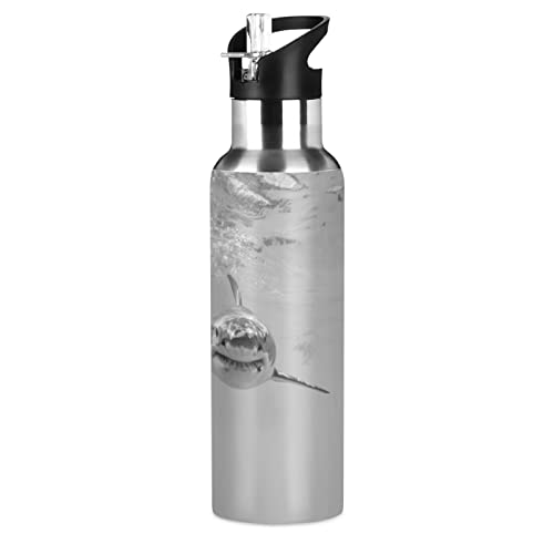 KAAVIYO Meer Weißer Abstrakter Hai Trinkflasche Wasserflasche mit Strohhalm 600ML Edelstahl Auslaufsicher Wasserkanne Water Bottle von KAAVIYO