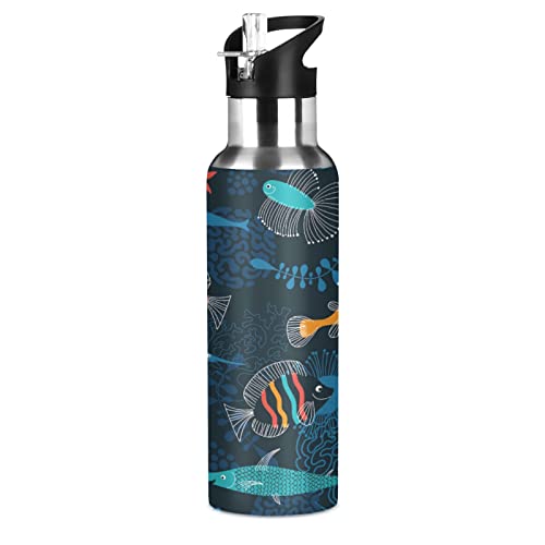 KAAVIYO Meerestier Fisch Trinkflasche Wasserflasche mit Strohhalm 600ML Edelstahl Auslaufsicher Wasserkanne Water Bottle von KAAVIYO