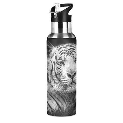 KAAVIYO Weißer Schwarzer Tiger Kunst Trinkflasche Wasserflasche mit Strohhalm 600ML Edelstahl Auslaufsicher Wasserkanne Water Bottle von KAAVIYO