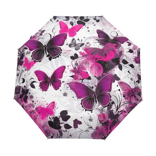 Rosa Schmetterlinge Kunst Regenschirm Automatik Auf-Zu Taschenschirm Umbrella Kompakt Schirme für Jungen Mädchen Strand Frauen von KAAVIYO