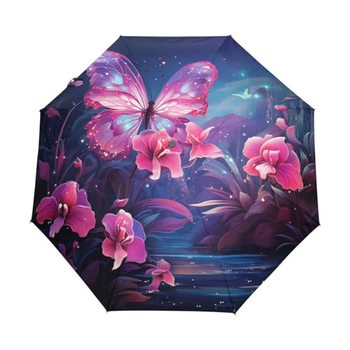 Rosa Sternenschmetterling Regenschirm Automatik Auf-Zu Taschenschirm Umbrella Kompakt Schirme für Jungen Mädchen Strand Frauen von KAAVIYO