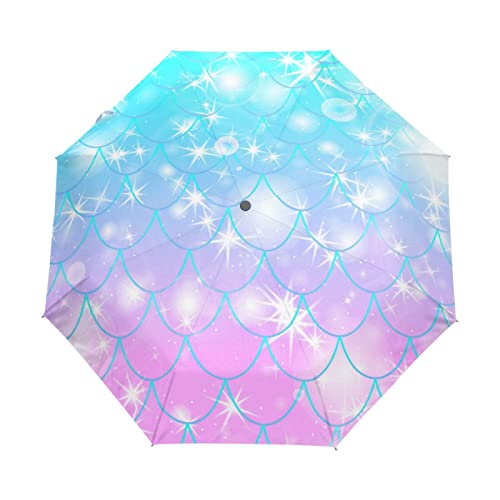 Sterne Leuchtende Schuppen Meerjungfrau Regenschirm Auf-Zu Automatik Taschenschirm Winddichter Umbrella Klein Leicht Schirm Kompakt Schirme für Jungen Mädchen Reise Strand Frauen von KAAVIYO
