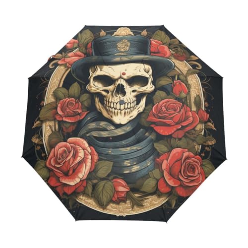 Totenkopf Rose Rot Regenschirm Automatik Auf-Zu Taschenschirm Umbrella Kompakt Schirme für Jungen Mädchen Strand Frauen von KAAVIYO