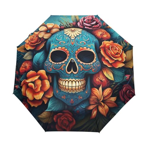 Totenkopfmuster-Kunstwerk Regenschirm Automatik Auf-Zu Taschenschirm Umbrella Kompakt Schirme für Jungen Mädchen Strand Frauen von KAAVIYO