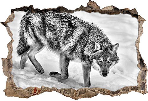 KAIASH 3D Wandsticker Monocrome seltener Wolf im Schnee Wanddurchbruch im 3D Look Wand oder Türaufkleber Wandsticker Wandtattoo Wanddekoration 62x42cm von KAIASH