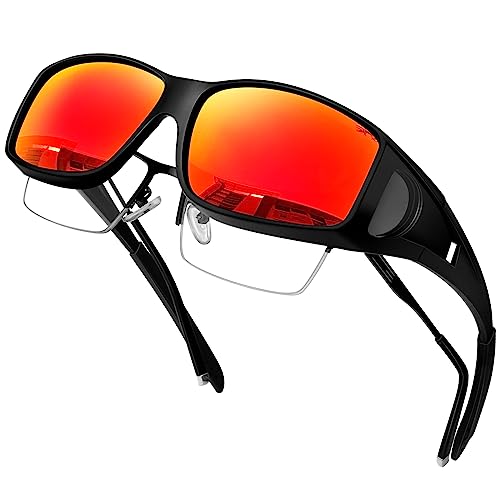 KANASTAL Groß Sonnenbrille zum Überziehen für Brillenträger Damen und Herren Rot Verspiegelt Überziehbrille Unisex UV400 Schutz Fit-over Sportbrille von KANASTAL