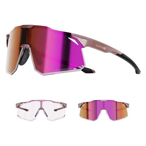 KAPVOE Fahrradbrille Selbsttönend Herren Damen Photochrome Sport Sonnenbrille Klar Rennrad Brille TR90 Rahmen Schnelle Brille MTB Radfahren Radbrille mit UV400 Schutz Sportbrille für Laufen Lila von KAPVOE
