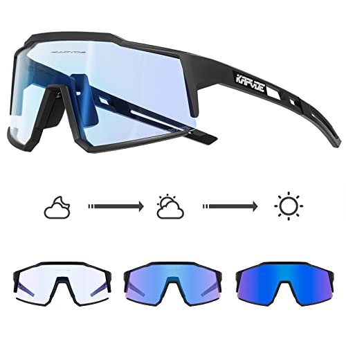 KAPVOE Photochromatische Selbsttönend Fahrradbrille TR90 Rahmen für Herren Damen Klar Sportsonnenbrille Sport Radfahren MTB Radbrille Sportbrille Fahren Baseball Laufen Blau Schwarz 02 von KAPVOE