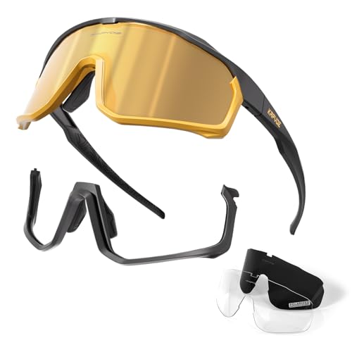 KAPVOE Polarisiert Fahrradbrille mit 3 Wechselgläser für Herren Damen Sport Radfahren MTB TR90 Rahmen Sportsonnenbrille Gold Schwarz 16 von KAPVOE
