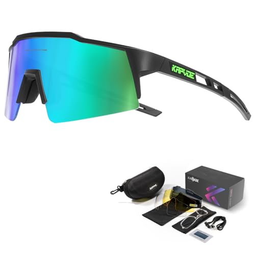 KAPVOE Polarisiert Fahrradbrille mit 4 wechselgläser TR90 Rahmen für Herren Damen Sport Radfahren MTB Sportsonnenbrille Radbrille Sportbrille Fahren Angeln Baseball Laufen 10 Grün Schwarz von KAPVOE