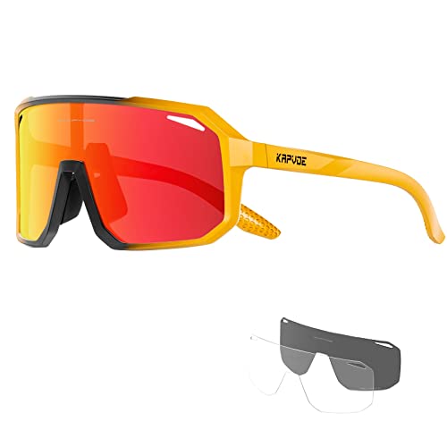 KAPVOE Polarisiert Fahrradbrille Herren Damen Sonnenbrille 3 Wechselgläsern TR90 Sportbrille Radfahren MTB Radbrille Laufen Wandern Golf Baseball Volleyball Tennis Angeln Softball Bergsteigen Rot von KAPVOE