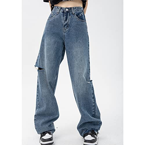 KASUTAM Damenunterteile Blaue Zerrissene Jeans Mit Hoher Taille High Street Straight Fashion Vintage Mopping Hose Mit Weitem Bein,Blau,L von KASUTAM