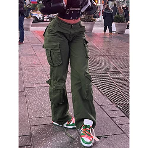 KASUTAM Grüne Cargohose Baggy Jeans Damenmode Streetwear Taschen Gerade Hohe Taille Lässige Vintage Denim Hose Overalls,Grün,M von KASUTAM