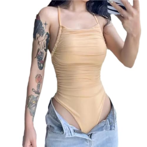 KASUTAM Mesh Patchwork Backless Bodysuit Sexy Bandage Ärmel Einem Stück T-Shirt Sommer Party Streetwear Bodycon Bodys,Khaki,L von KASUTAM