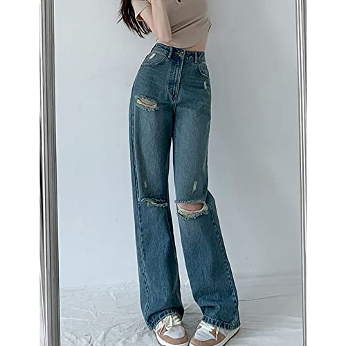 KASUTAM Mode Blau Hohe Taille Zerrissene Jeans Vintage Dünne Gerade Weite Beinhose Y2K Baggy Casual Mopping Denim Hosen Damen Sommer,Blau,L von KASUTAM