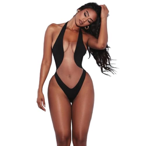 KASUTAM Sheer Sexy Silm Fit Neck-Mounted Backless Bodysuit Für Frauen Streetwear Ärmellose Kleidung Taillierte Mode Homewear,Schwarz,S von KASUTAM