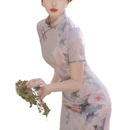 KATIAK Cheongsam Kleid Sexy,Traditionelle Chinesische Kleider Cheongsam Langer Seidenblumendruck Slim Fit Qipao Kurzarm Cheongsam für Hochzeitsabend Wie Bild S von KATIAK
